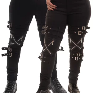 calça preta masculina e feminina com fivelas estilo rock